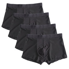 A set of four black men's boxer shorts made from breathable mesh fabric.