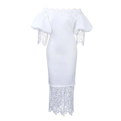 Women Bodycon Mesh Patchwork White Lace Sexy Dress Women Solid Elegant Office Midi Party Half Sleeve Autumn Dresses African