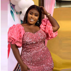 Aso Ebi Plus Size Mermaid Dress - Sequined with High Split & Puffy Sleeves for Glamorous Occasions