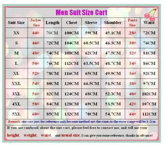 A size chart table for men's suits listing measurements for jacket, pants, and body dimensions.