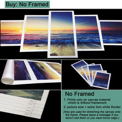 A five-piece unframed canvas print set featuring a sunset seascape with a white border.