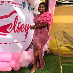 Aso Ebi Plus Size Mermaid Dress - Sequined with High Split & Puffy Sleeves for Glamorous Occasions
