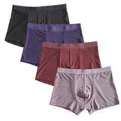 A set of four men's breathable mesh boxer shorts in black, purple, maroon, and light purple.