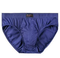 A pair of solid blue men's cotton briefs with a Jie Shen Sports label on the waistband.