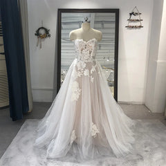 Strapless Appliqued Tulle Bridal Gowns Lace A-Line Court Train Sweetheart Wedding Dress Bridal Gowns Rl012