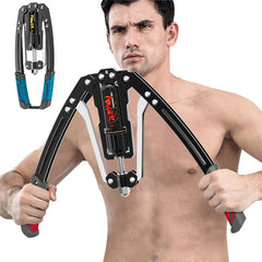 A man demonstrates an adjustable hydraulic power twister arm exerciser for chest and shoulder training.