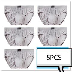 A set of five light gray cotton men's briefs arranged in a grid.