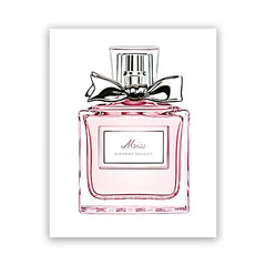 A minimalist canvas print of a pink Miss Blooming Bouquet perfume bottle with a silver bow.
