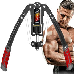 A black and red hydraulic arm exerciser with an adjustable resistance dial.