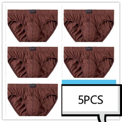 A set of five brown cotton men's briefs arranged in a grid.