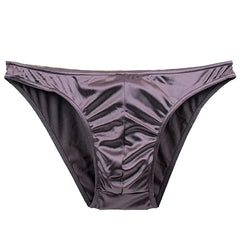 A pair of men's purple satin briefs with a silky finish and a contoured front pouch.