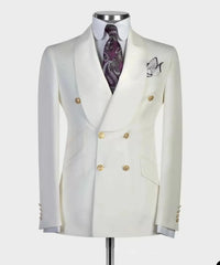 A white double-breasted suit jacket with gold buttons, a shawl collar, and a paisley tie.