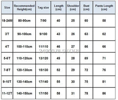 A size chart table for children's formal clothing sets listing measurements by age and height.