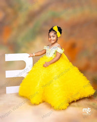 Cute Yellow Fully Tiered Ruffles Flower Girls Tulle Dress Big Bow Back A-Line Floor Length Children Bithday Party Ball Gowns