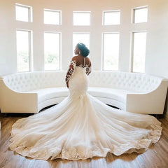 ON461 South African Black Women Plus Size Wedding Dresses Sheer Neck Lace Illusion Long Sleeves Bridal Gowns Mermaid