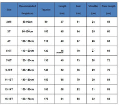 A size chart table for a boys formal suit showing measurements for height, length, bust, and pants.