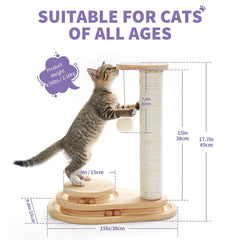 A kitten plays with a two-level wooden cat scratching tree featuring a sisal post and hanging toy.