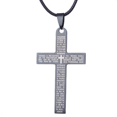 A black stainless steel cross pendant necklace engraved with the Lord's Prayer in Spanish.