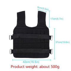 A black adjustable weighted vest for fitness training with dimensions labeled in centimeters and inches.