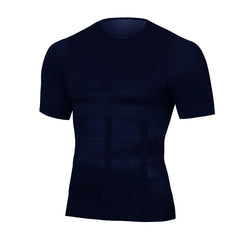 A dark blue men's compression t-shirt designed for body shaping and posture correction.