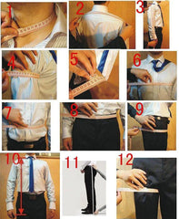 A collage of twelve numbered images demonstrating how to take body measurements for a suit.