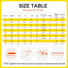 A ring size conversion chart showing US sizes alongside international measurements.