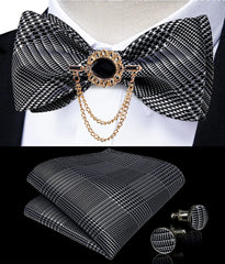 Pink Plaid Solid Men's Self Tie Bow Tie Silk Jacquard Woven Wedding Party Bowtie Hanky Brooch Set Men Butterfly Necktie DiBanGu SHOWLU FASHION STORE