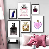 A gallery wall set of six fashion-themed perfume bottle and high heel canvas art prints.