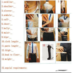 A measurement guide for men's suits showing twelve numbered steps for taking body measurements.
