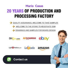 A man in a blue dress shirt and tie stands next to a business advertisement for a clothing factory.