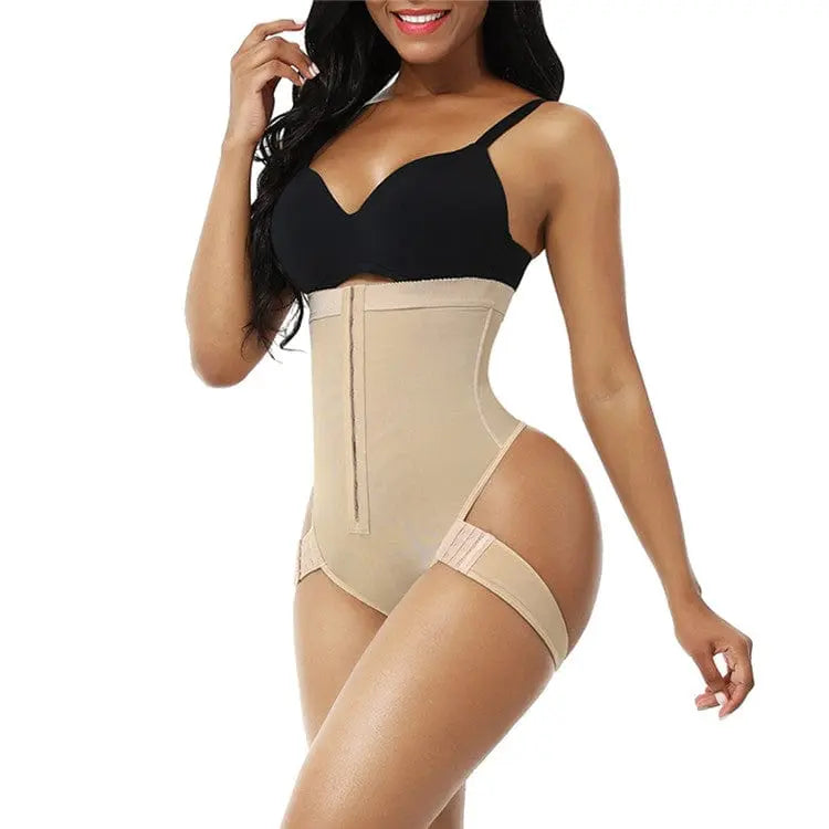 A woman models the HEXIN New Fashion Nude Plus Size Shaping Underwear, seamless high-waisted panties with thigh straps, designed for shaping and comfort. She poses smiling against a plain white background.