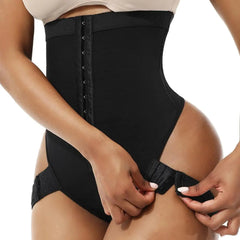 A person adjusts the side hooks of the HEXIN New Fashion Nude Plus Size Shaping Underwear, showing its curve-enhancing and adjustable fit. The seamless shaping panties highlight their torso and hands.