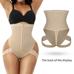 A woman models the HEXIN New Fashion Nude Plus Size Shaping Underwear, featuring high-waisted seamless design with side cutouts and adjustable straps; a back view showcases the shapewear's fit on a plain background.