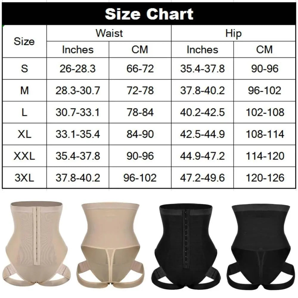 The size chart for HEXIN New Fashion Nude Plus Size Shaping Underwear Panties displays waist and hip measurements in inches and cm for sizes S to 3XL. Four beige and black shapewear garments are shown from the front and back. No brand or supplier details included.