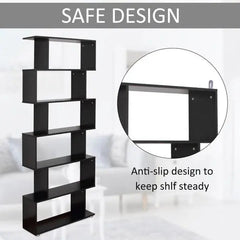 A black six-tier S-shaped wooden bookcase with an open design and a wall-mounting bracket.
