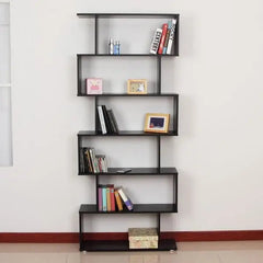 A black six-tier S-shaped wooden bookcase with an open design for storage and display.
