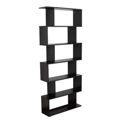 A black wooden six-tier S-shaped bookcase with an open design for storage and display.