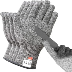 A pair of grey cut-resistant safety gloves with a knife blade resting against one palm.