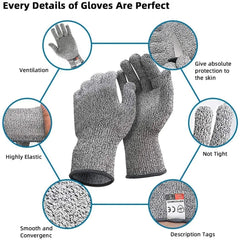 A pair of grey cut-resistant safety gloves shown with close-up detail shots of their features.