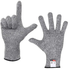 A pair of grey, high-strength cut-resistant safety gloves with a level 5 rating.