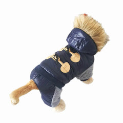A navy blue hooded dog jumpsuit with a faux fur trim and toggle button details.