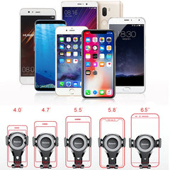 Baseus gravity car phone holder shown with various smartphone sizes from 4.0 to 6.5 inches.