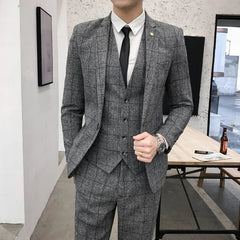 ( Jacket + Vest + Pants ) Men's Fashion Boutique Plaid Formal Business Suit Slim Plaid Wedding Mens Suit Beige Gray Black Blue