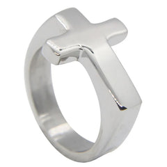 A polished silver-tone stainless steel unisex ring featuring a prominent cross design.