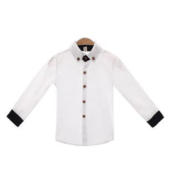 A white long-sleeved button-down shirt for boys featuring black cuffs and a black collar accent.