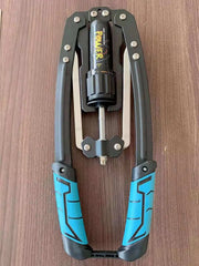 A hydraulic arm exerciser with adjustable resistance, black frame, and blue rubberized handles.
