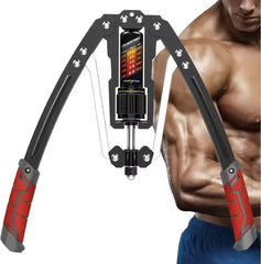 An adjustable hydraulic arm strength bar with red grips and a central resistance dial.