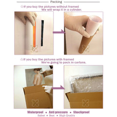 This image shows the packaging methods for unframed canvas prints in tubes and framed art in boxes.