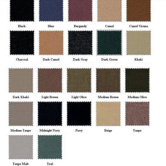 A grid of fabric swatches in various colors including black, blue, brown, and green shades.