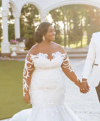 ON461 South African Black Women Plus Size Wedding Dresses Sheer Neck Lace Illusion Long Sleeves Bridal Gowns Mermaid